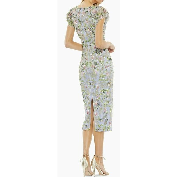 Mac Duggal Sequins Beaded Embellished Cap-Sleeve Midi Dress Sz 6 - Picture 2 of 10